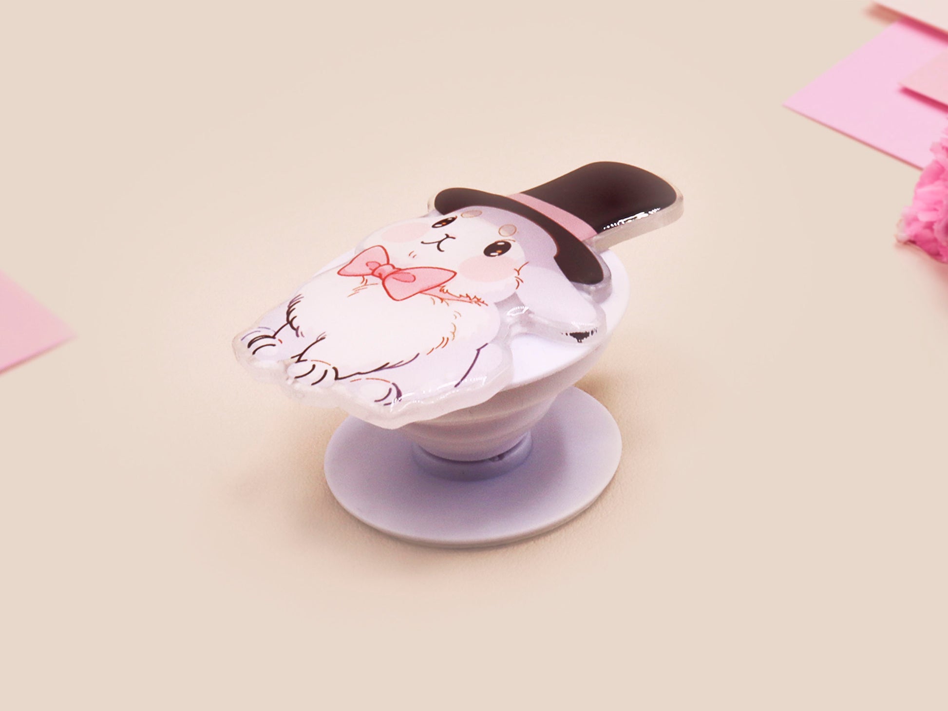 Cute popsocket phone grip with an adorable white rabbit wearing a top hat and pink bowtie