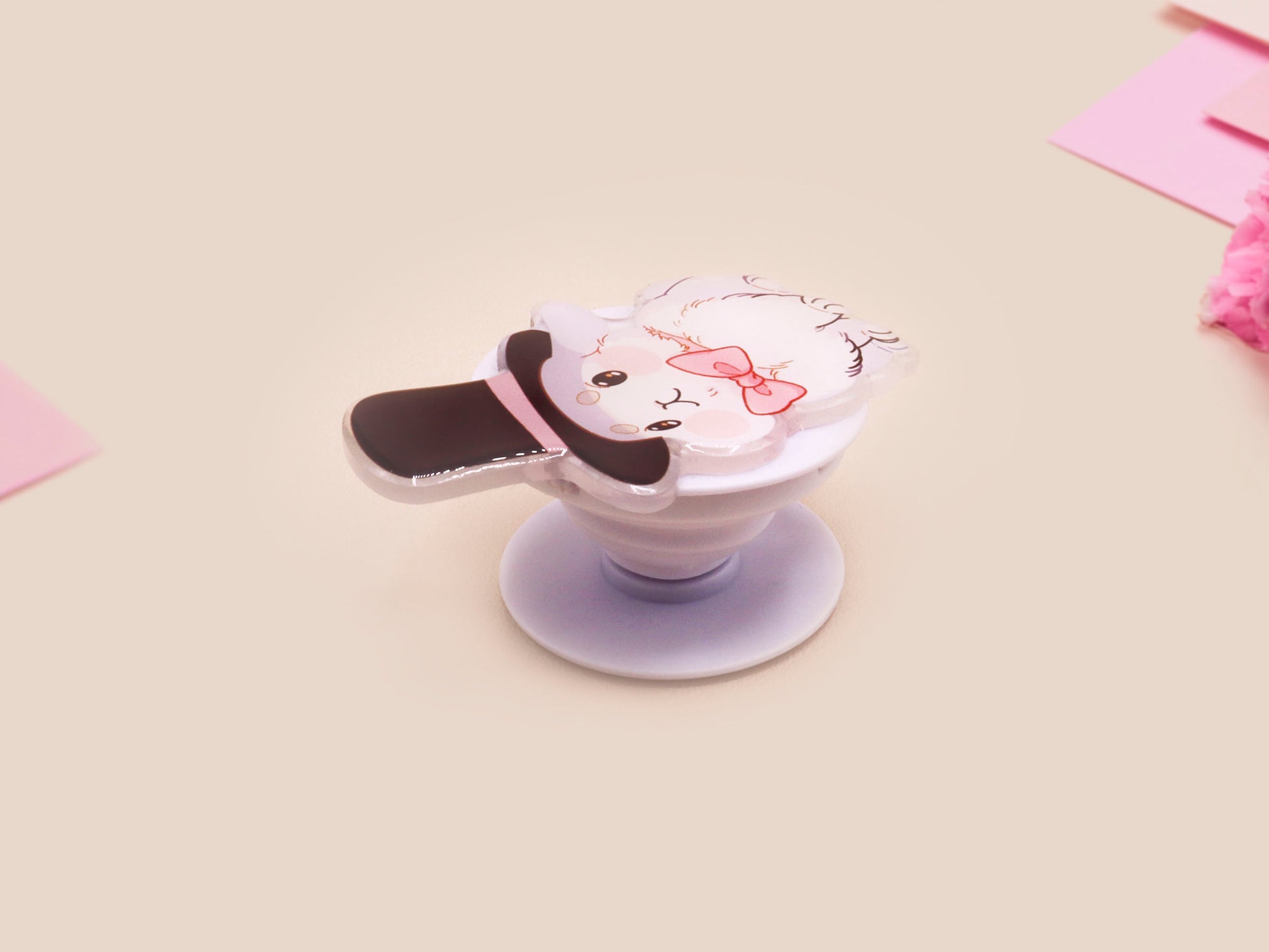 Cute popsocket phone grip with an adorable white rabbit wearing a top hat and pink bowtie