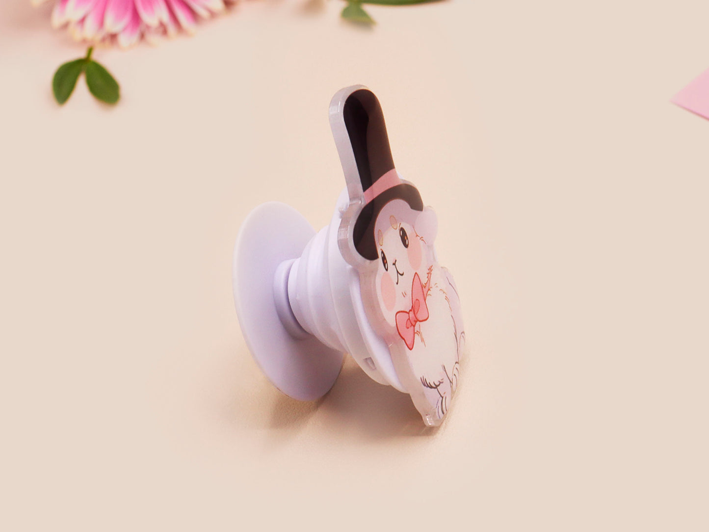 Cute popsocket phone grip with an adorable white rabbit wearing a top hat and pink bowtie