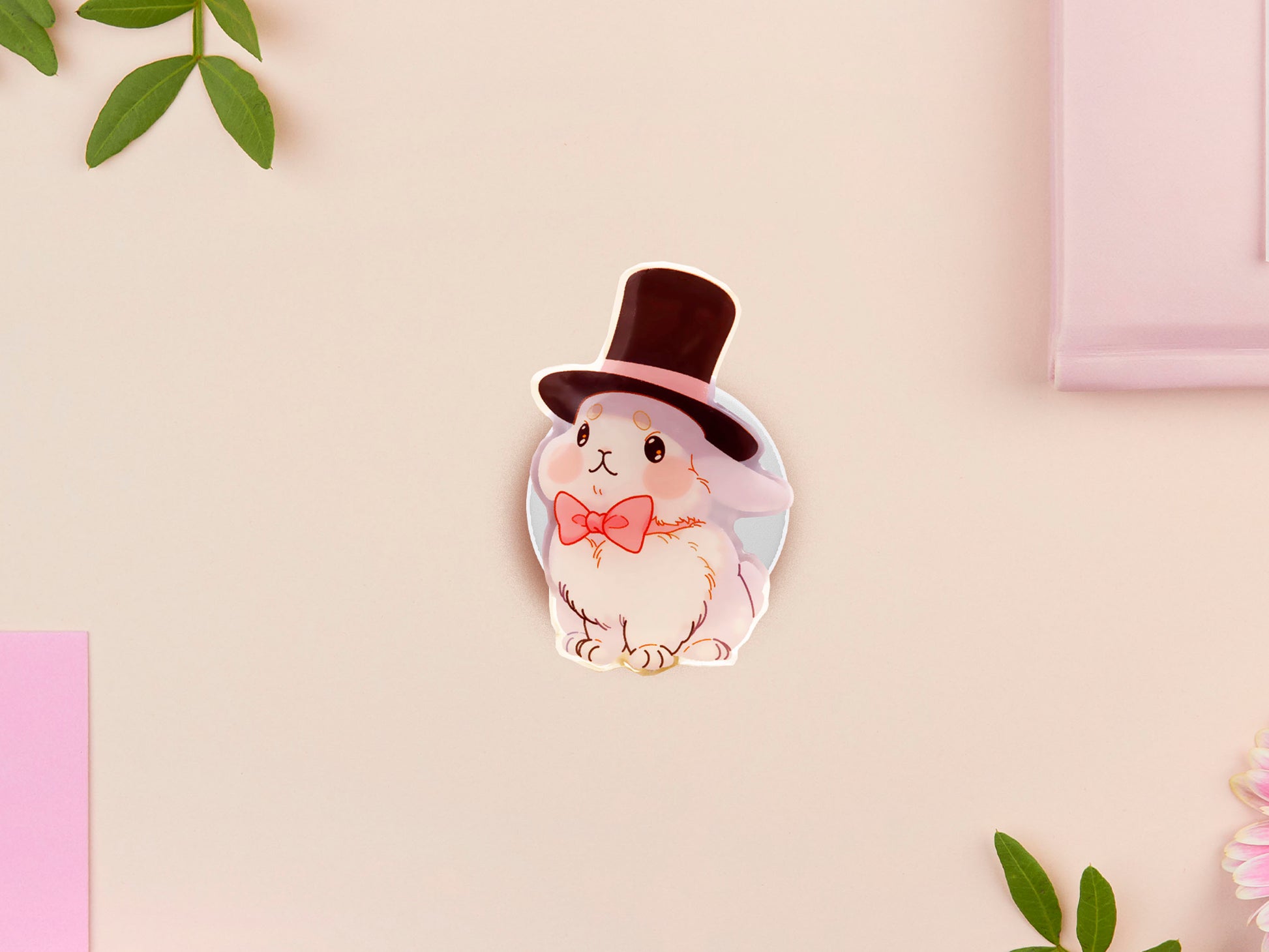 Cute popsocket phone grip with an adorable white rabbit wearing a top hat and pink bowtie