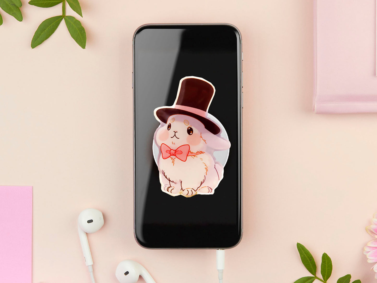 Cute popsocket phone grip with an adorable white rabbit wearing a top hat and pink bowtie