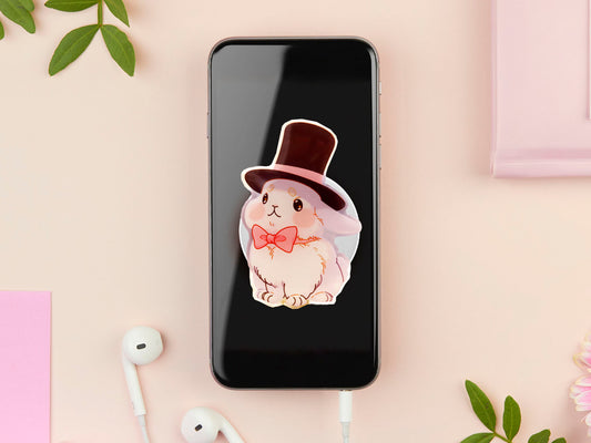 Cute popsocket phone grip with an adorable white rabbit wearing a top hat and pink bowtie