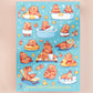 Cute large waterproof gloss vinyl sticker sheet of multiple chibi capybara guinea pigs enjoying a spa day
