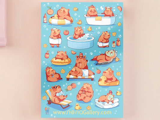 Cute large waterproof gloss vinyl sticker sheet of multiple chibi capybara guinea pigs enjoying a spa day