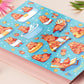 Cute large waterproof gloss vinyl sticker sheet of multiple chibi capybara guinea pigs enjoying a spa day