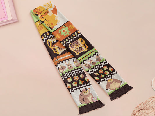 Cute knitted scarf with cute chibi Tabletop RPG Cryptid Monsters from DND such as Owlbears, Almiraj Rabbits, a Displacer Beast Kitten, Beholder, sleeping baby dragon and Mimic chests