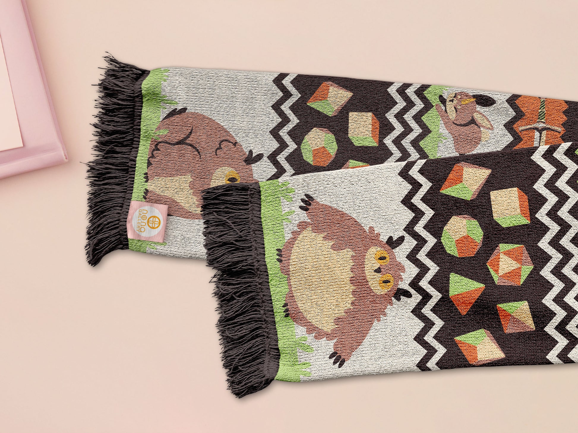 Cute knitted scarf with cute chibi Tabletop RPG Cryptid Monsters from DND such as Owlbears, Almiraj Rabbits, a Displacer Beast Kitten, Beholder, sleeping baby dragon and Mimic chests