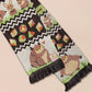 Cute knitted scarf with cute chibi Tabletop RPG Cryptid Monsters from DND such as Owlbears, Almiraj Rabbits, a Displacer Beast Kitten, Beholder, sleeping baby dragon and Mimic chests
