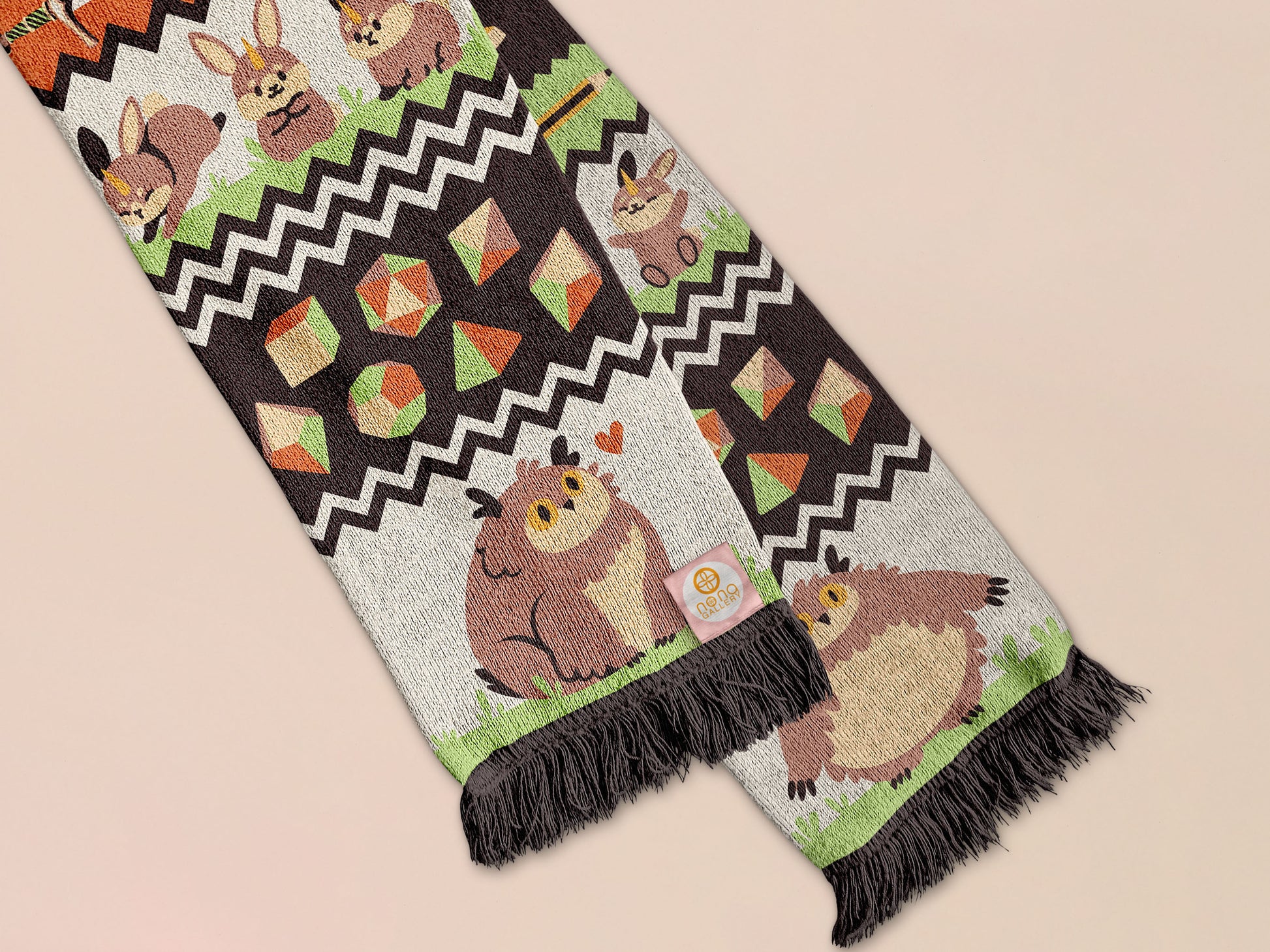 Cute knitted scarf with cute chibi Tabletop RPG Cryptid Monsters from DND such as Owlbears, Almiraj Rabbits, a Displacer Beast Kitten, Beholder, sleeping baby dragon and Mimic chests