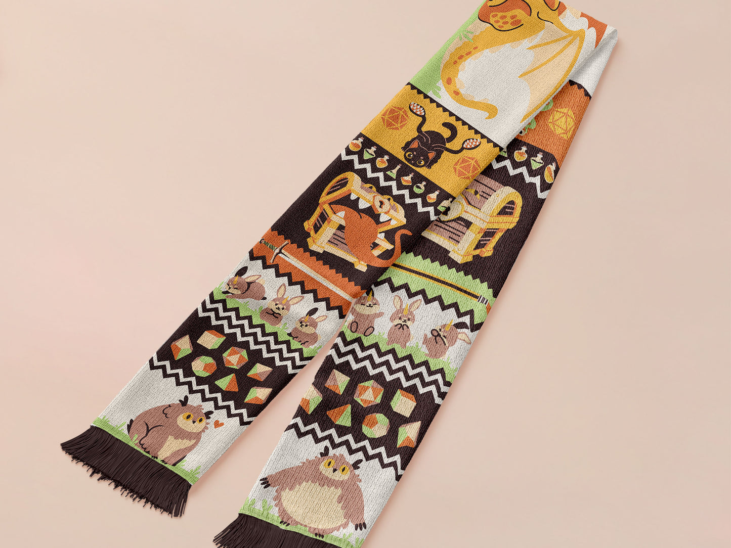 Cute knitted scarf with cute chibi Tabletop RPG Cryptid Monsters from DND such as Owlbears, Almiraj Rabbits, a Displacer Beast Kitten, Beholder, sleeping baby dragon and Mimic chests