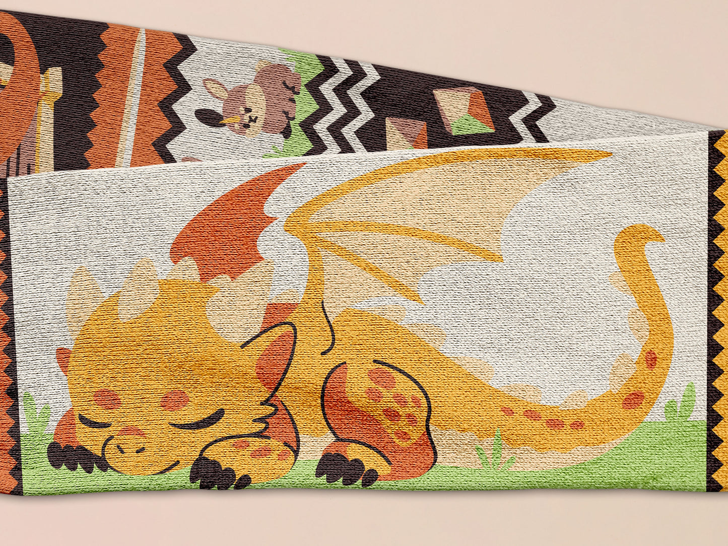 Cute knitted scarf with cute chibi Tabletop RPG Cryptid Monsters from DND such as Owlbears, Almiraj Rabbits, a Displacer Beast Kitten, Beholder, sleeping baby dragon and Mimic chests