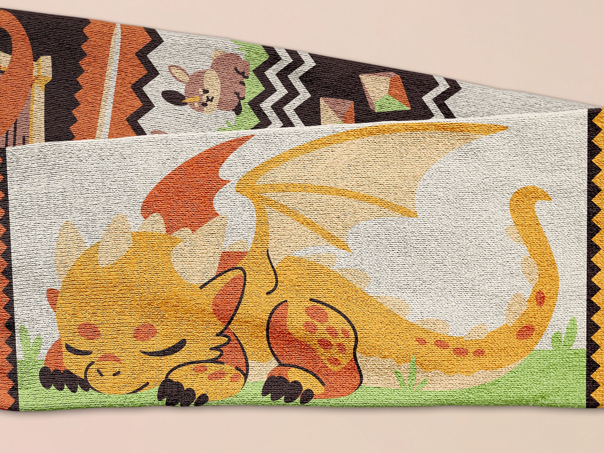 Cute knitted scarf with cute chibi Tabletop RPG Cryptid Monsters from DND such as Owlbears, Almiraj Rabbits, a Displacer Beast Kitten, Beholder, sleeping baby dragon and Mimic chests