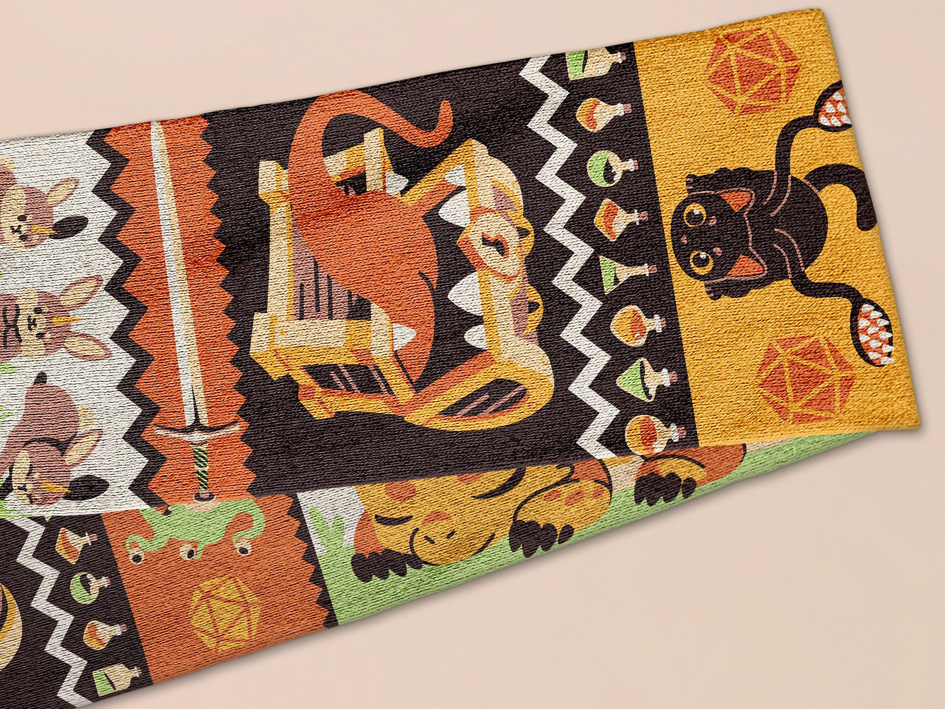 Cute knitted scarf with cute chibi Tabletop RPG Cryptid Monsters from DND such as Owlbears, Almiraj Rabbits, a Displacer Beast Kitten, Beholder, sleeping baby dragon and Mimic chests