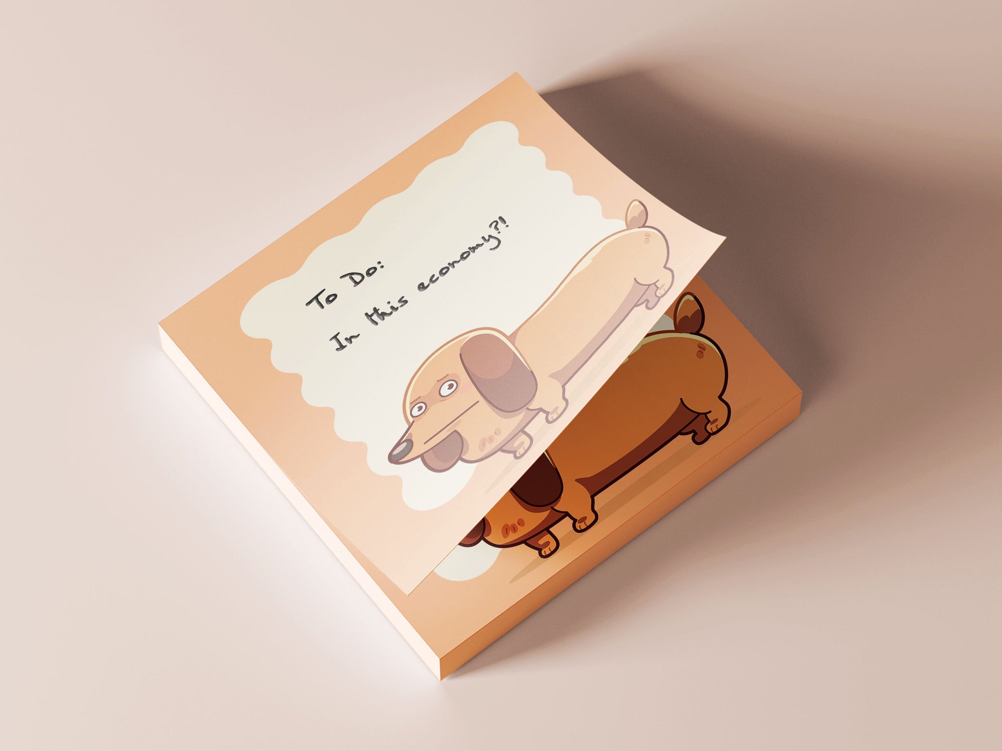 Orange sticky note notepad with a cute chibi dachshund sausage dog design