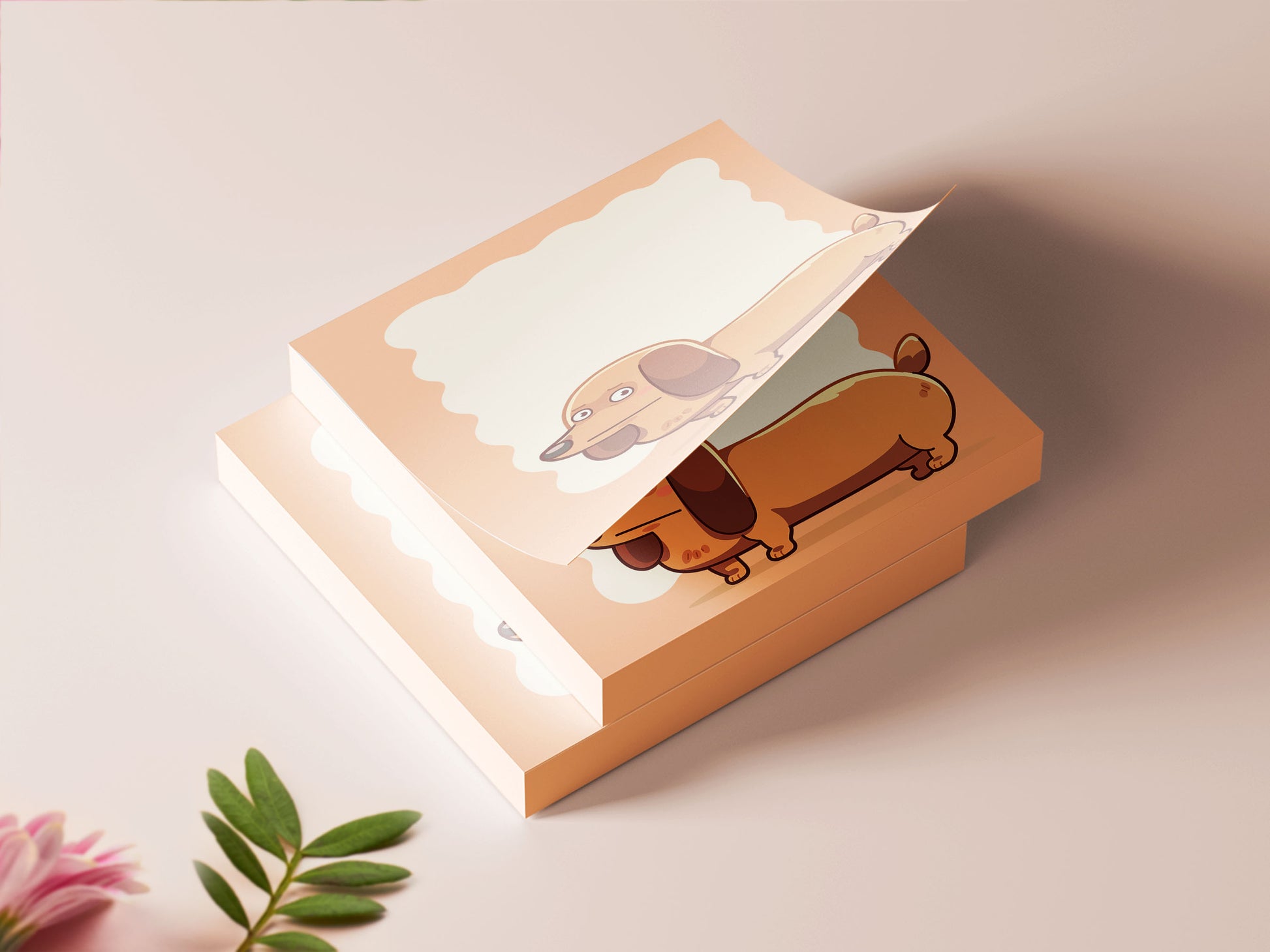 Orange sticky note notepad with a cute chibi dachshund sausage dog design