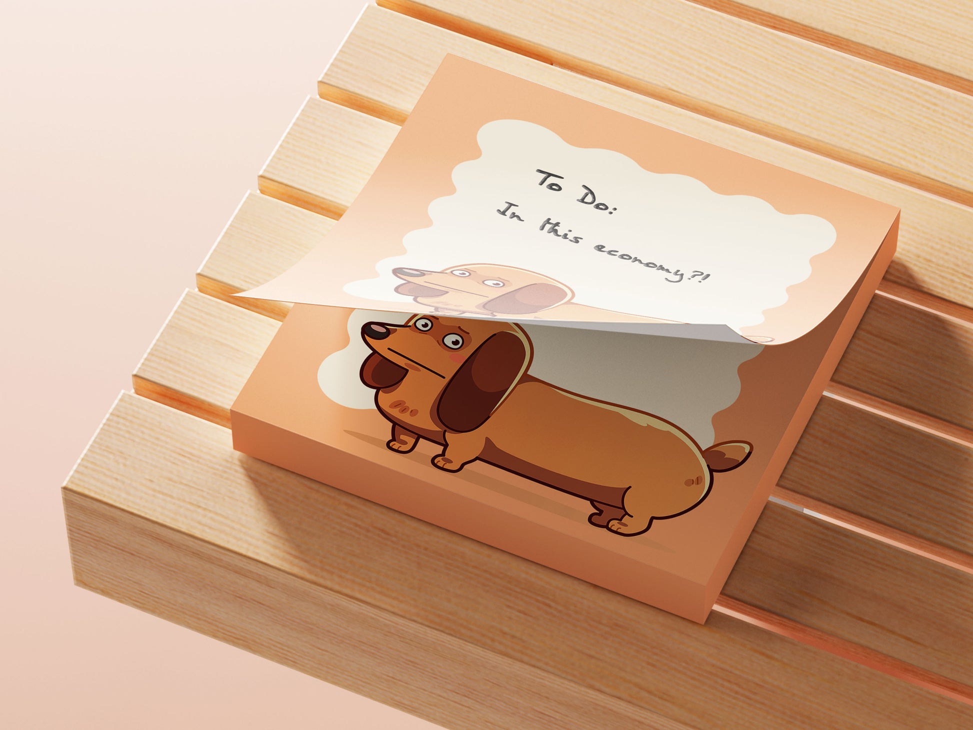 Orange sticky note notepad with a cute chibi dachshund sausage dog design