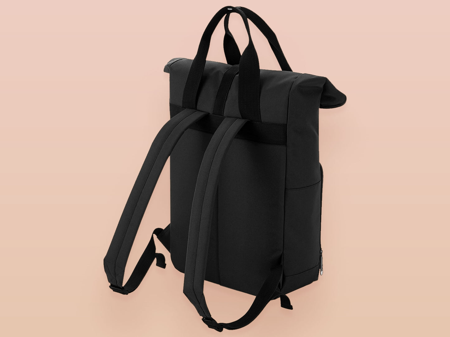 Black roll top backpack with a front pocket and an embroided mimic chest face cryptid design with the text *definetley not a mimic