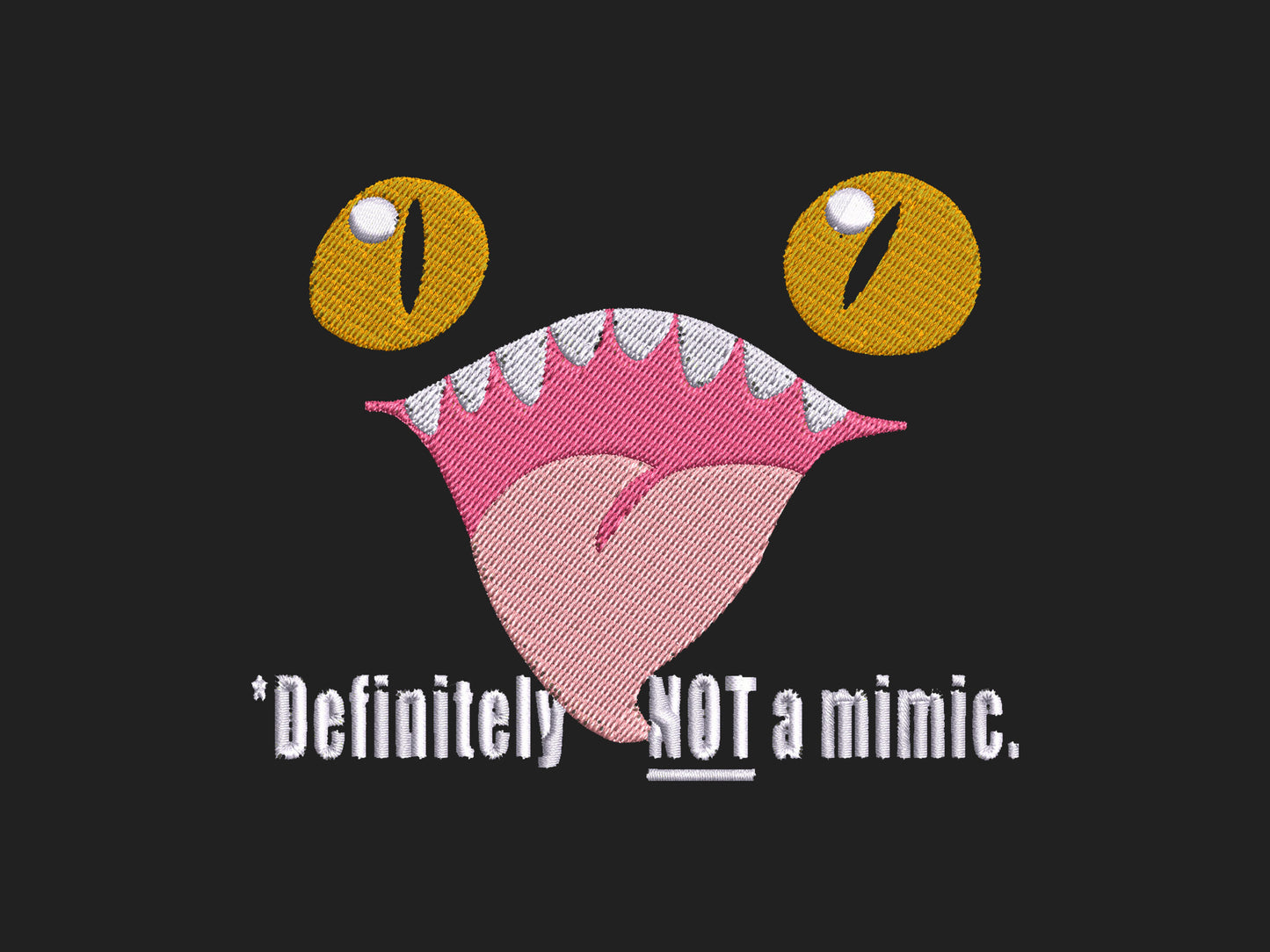 Black roll top backpack with a front pocket and an embroided mimic chest face cryptid design with the text *definetley not a mimic