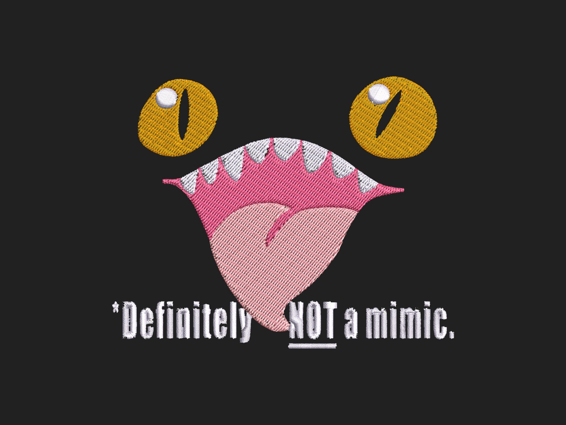 Black roll top backpack with a front pocket and an embroided mimic chest face cryptid design with the text *definetley not a mimic