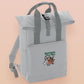 Light Grey roll top twin handle backpack with an embroidered design of a stressed out pack mule donkey and the quote designated pack mule