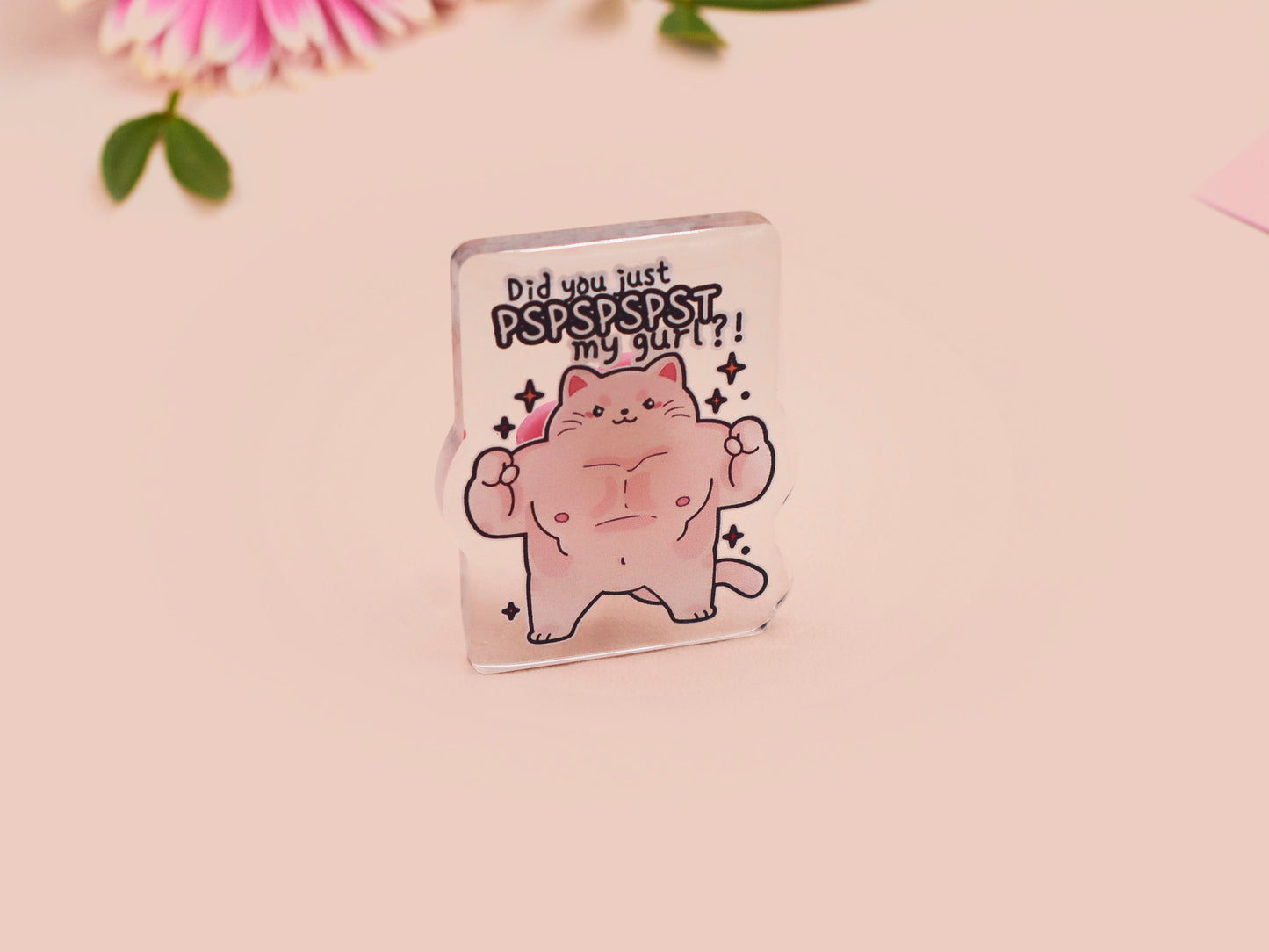 Cute transparent acrylic pin badge with a pink heart-shaped pin back clasp. The design of the badge is a chibi hench and buff cat with the quote Did you justPSPSPSPSPST my gurl?!