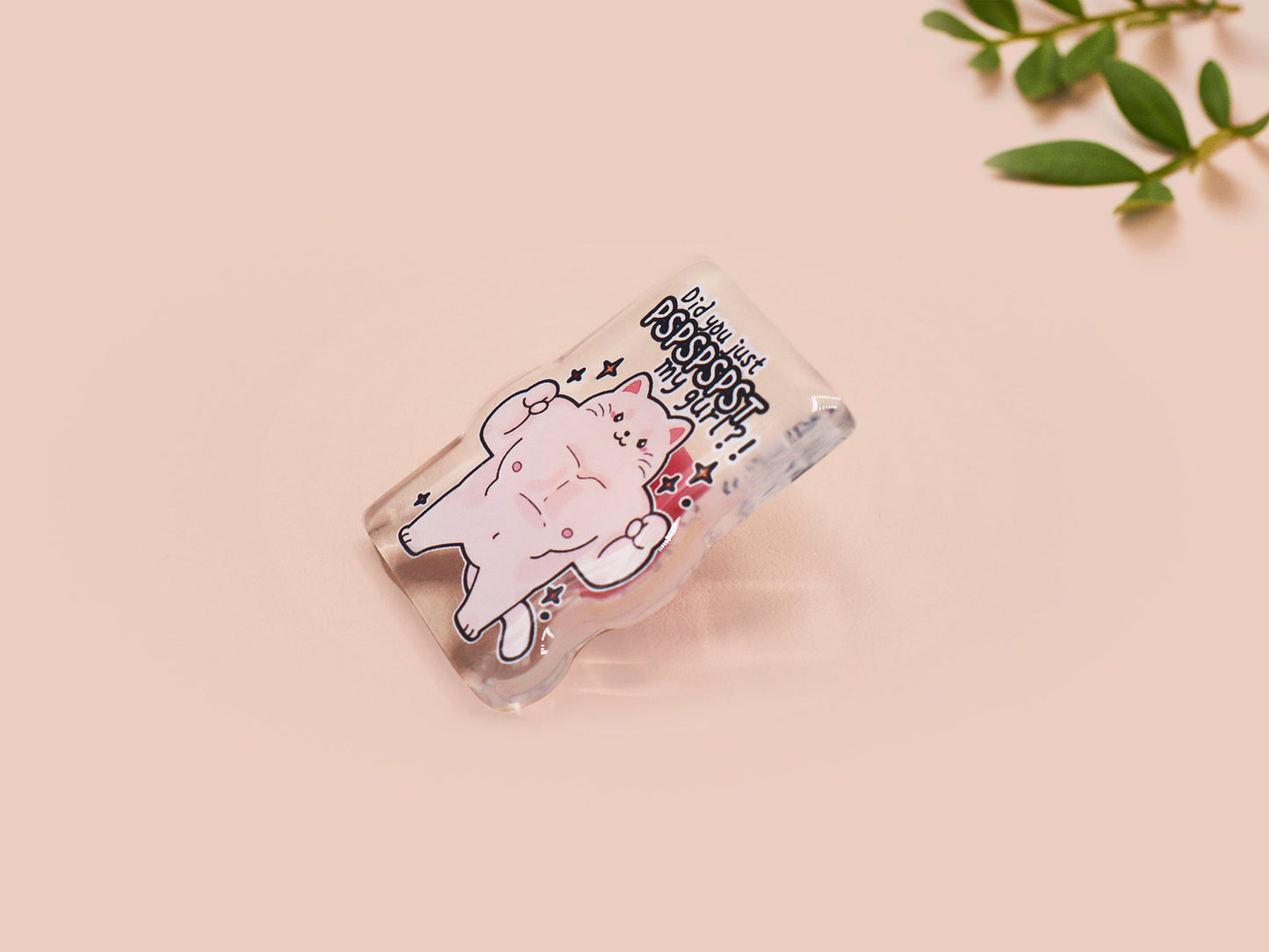 Cute transparent acrylic pin badge with a pink heart-shaped pin back clasp. The design of the badge is a chibi hench and buff cat with the quote Did you justPSPSPSPSPST my gurl?!