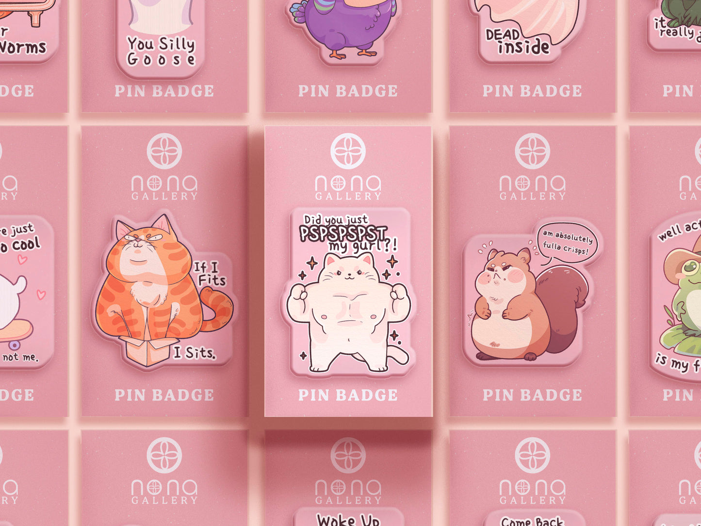 Cute transparent acrylic pin badge with a pink heart-shaped pin back clasp. The design of the badge is a chibi hench and buff cat with the quote Did you justPSPSPSPSPST my gurl?!