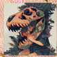 A square art print depicting a young girl with a large trex dinosaur skull fossil over her head surrounded by plants and foliage.