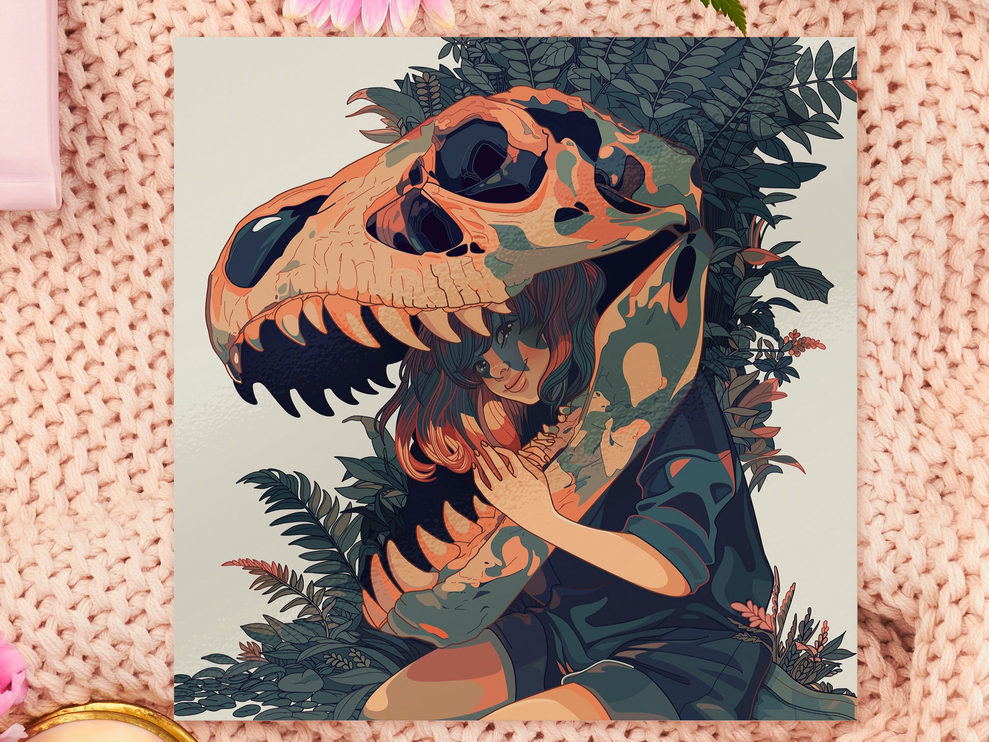 A square art print depicting a young girl with a large trex dinosaur skull fossil over her head surrounded by plants and foliage.