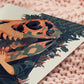 A square art print depicting a young girl with a large trex dinosaur skull fossil over her head surrounded by plants and foliage.