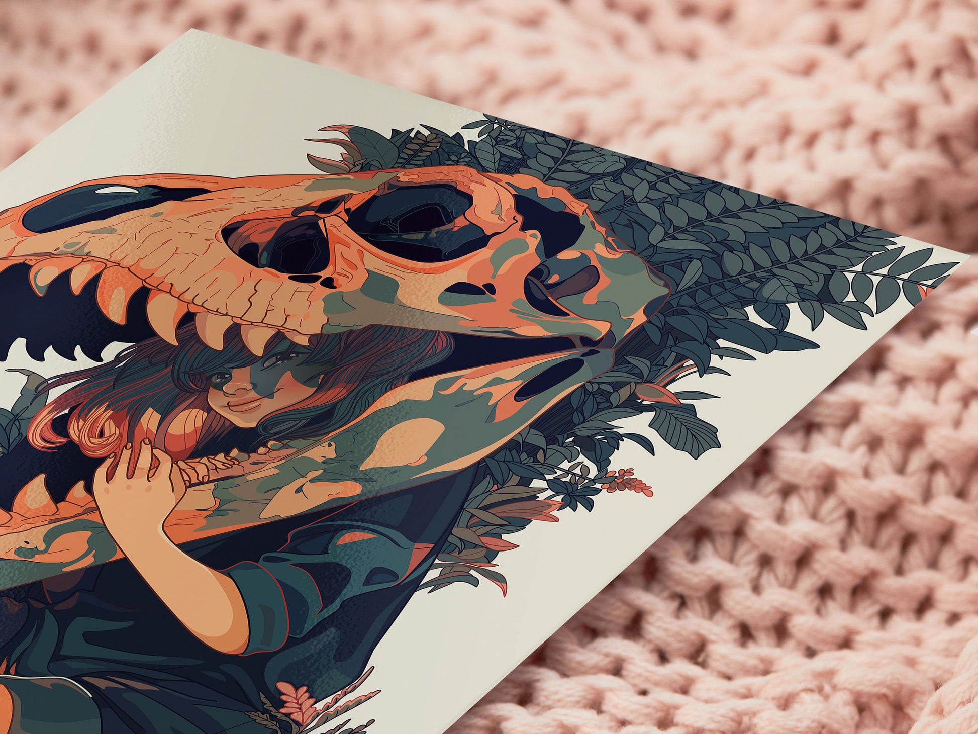 A square art print depicting a young girl with a large trex dinosaur skull fossil over her head surrounded by plants and foliage.