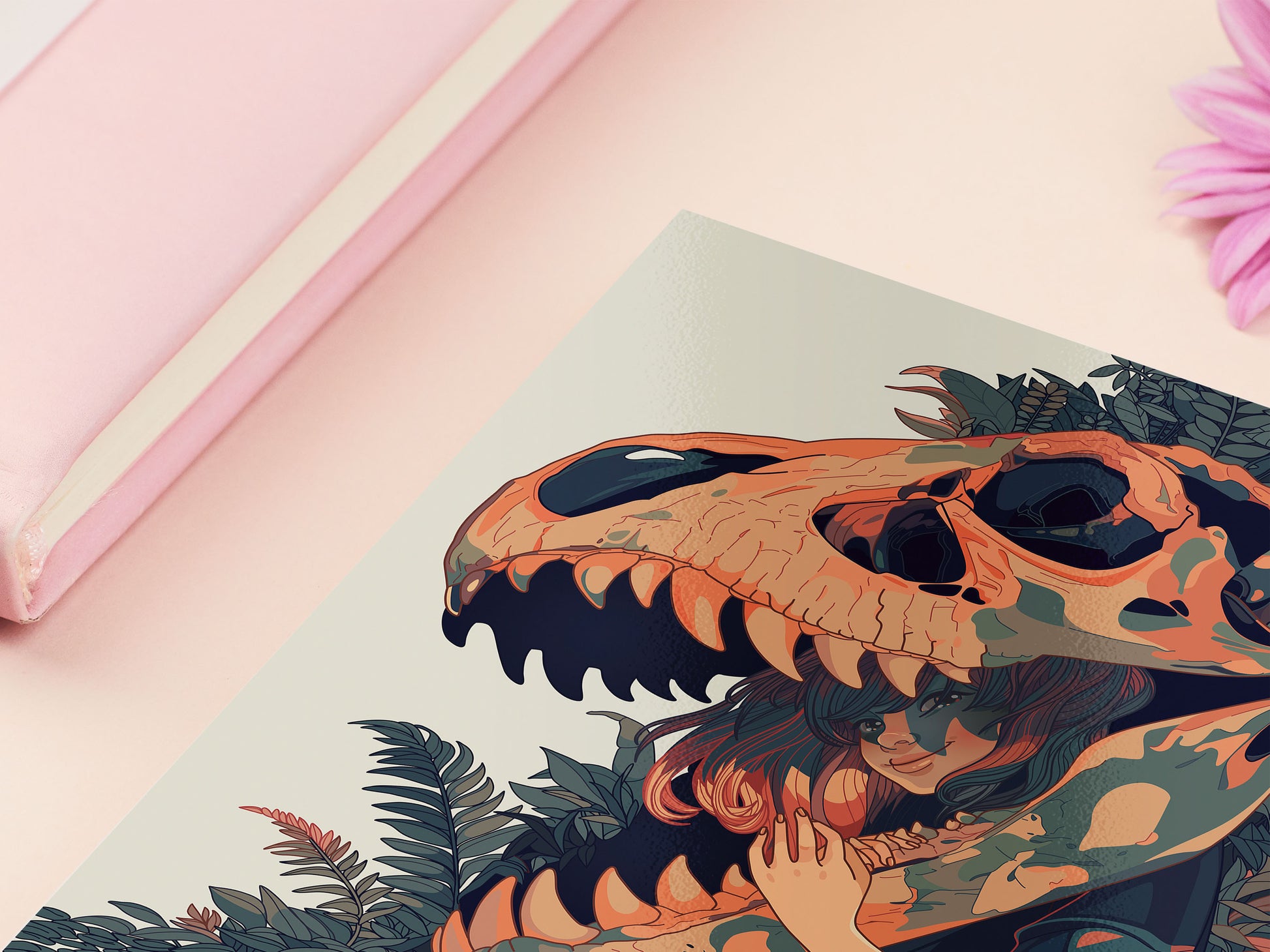 A square art print depicting a young girl with a large trex dinosaur skull fossil over her head surrounded by plants and foliage.