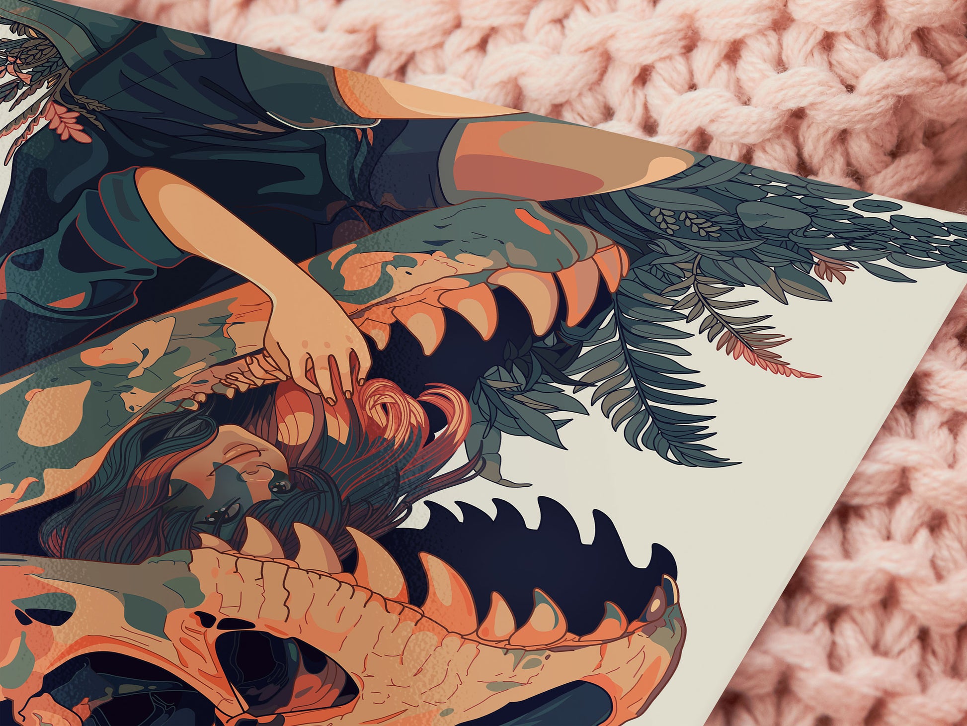 A square art print depicting a young girl with a large trex dinosaur skull fossil over her head surrounded by plants and foliage.