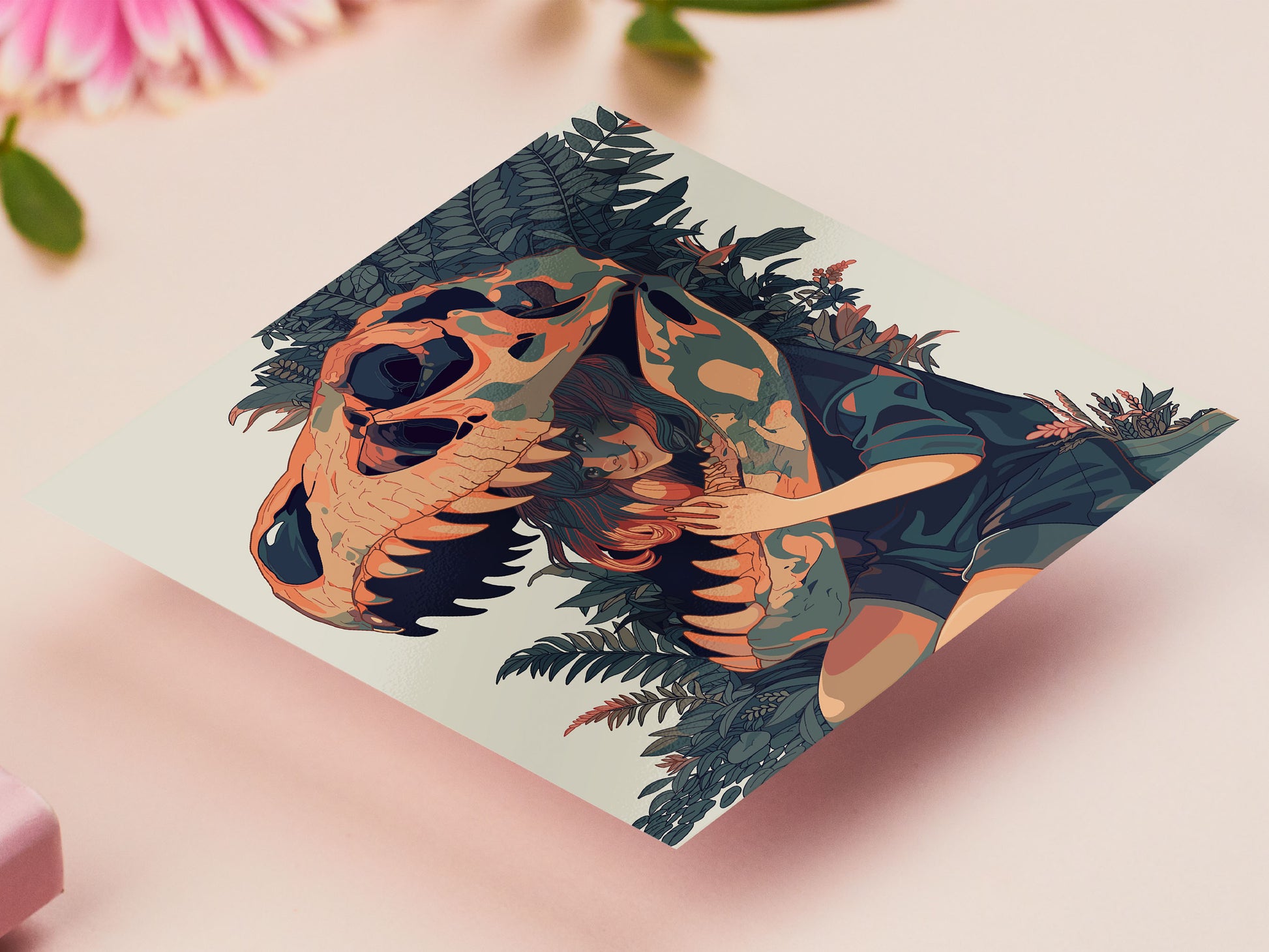 A square art print depicting a young girl with a large trex dinosaur skull fossil over her head surrounded by plants and foliage.