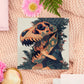A square art print depicting a young girl with a large trex dinosaur skull fossil over her head surrounded by plants and foliage.