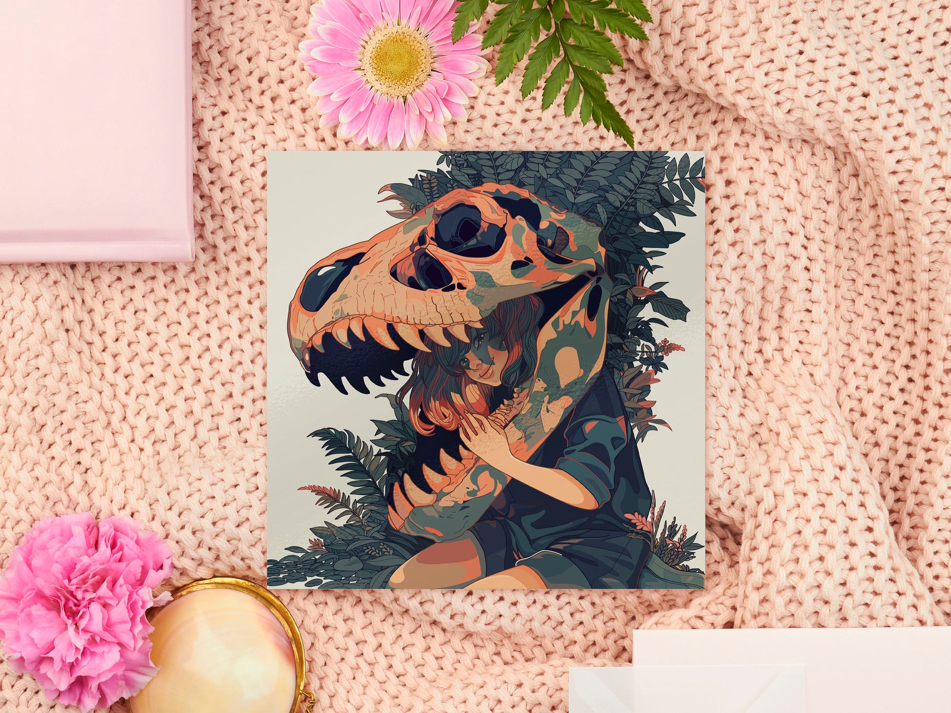 A square art print depicting a young girl with a large trex dinosaur skull fossil over her head surrounded by plants and foliage.