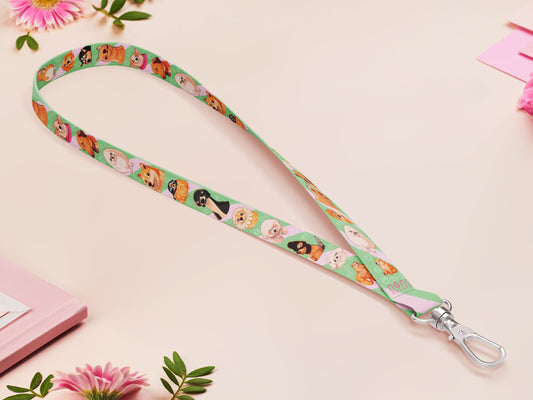 Cute full legth green lanyard with a double sided cute chibi dog meme pattern and silver swivel hook clasp.
