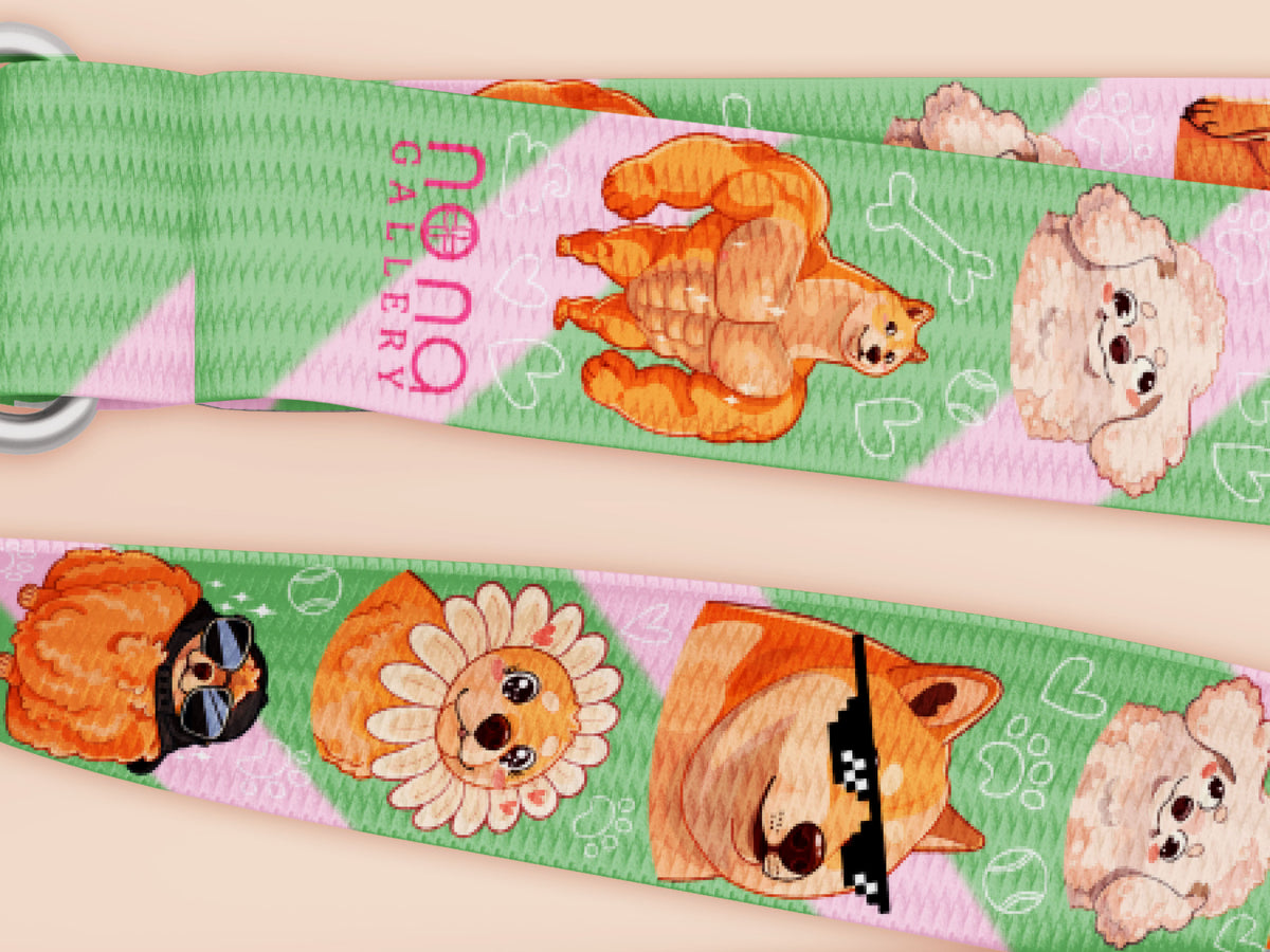 Cute full legth green lanyard with a double sided cute chibi dog meme pattern and silver swivel hook clasp.