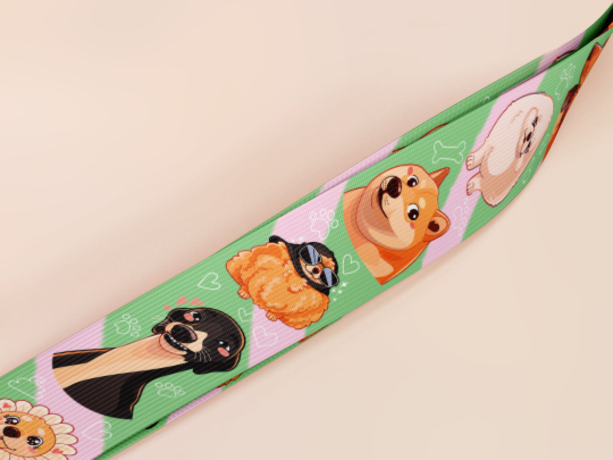 Cute full legth green lanyard with a double sided cute chibi dog meme pattern and silver swivel hook clasp.