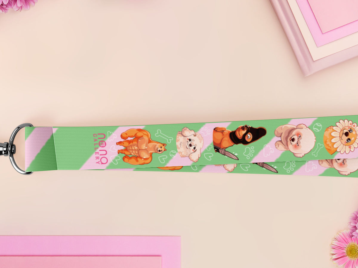 Cute full legth green lanyard with a double sided cute chibi dog meme pattern and silver swivel hook clasp.