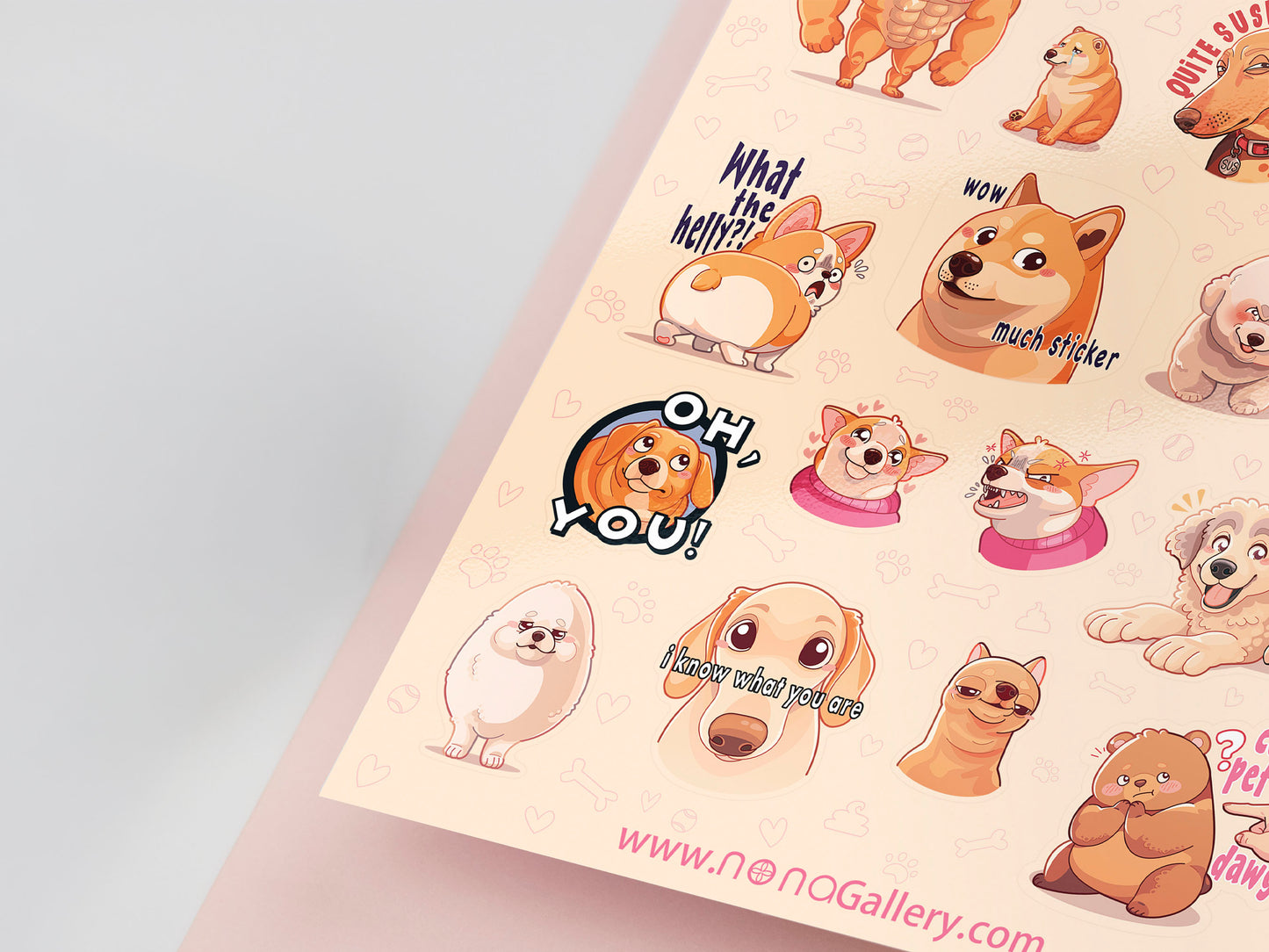 Cute large waterproof gloss vinyl sticker sheet of multiple funny famous viral internet dogs
