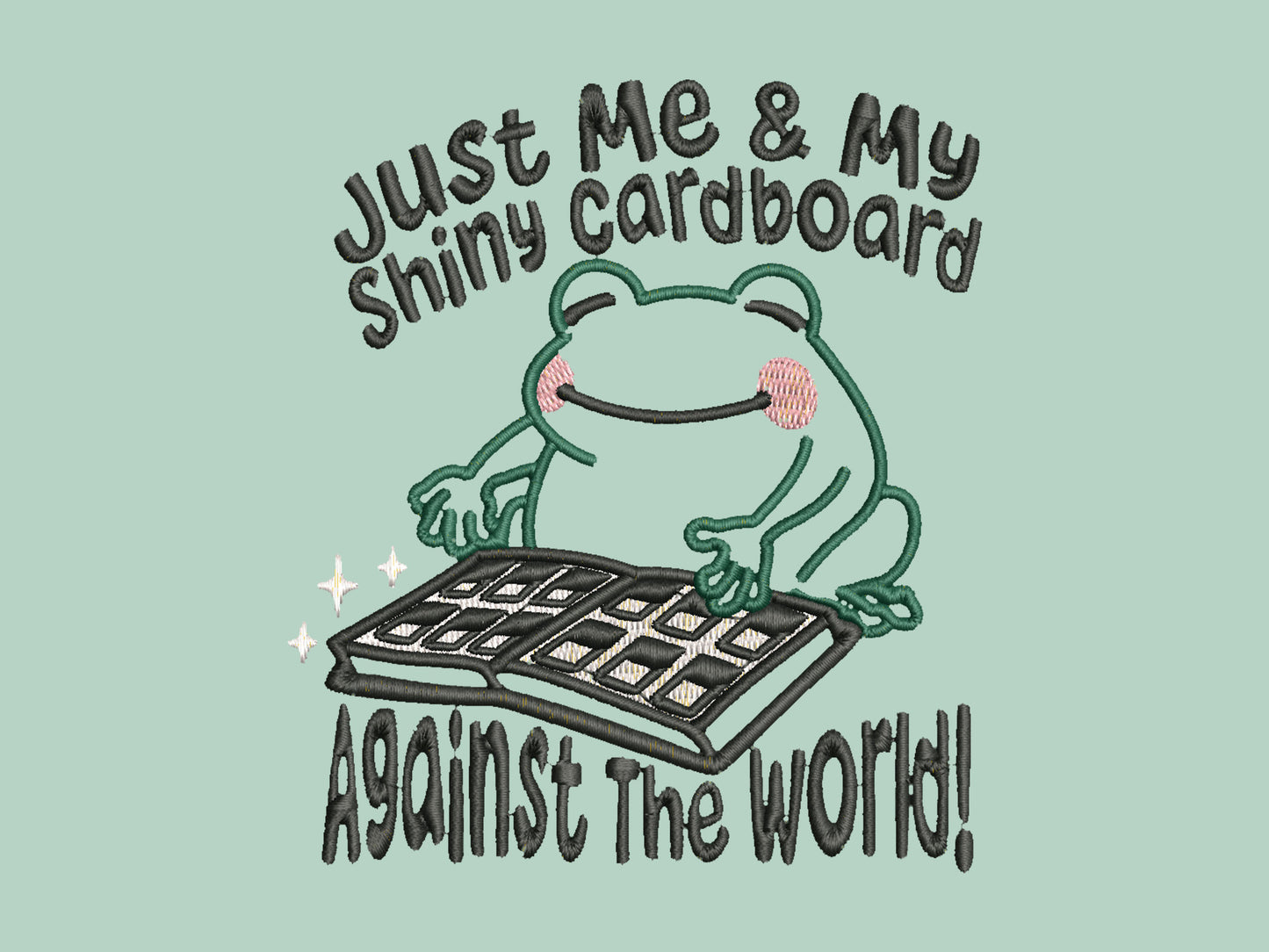 An embroidered green t-shirt design of a cute frog happily looking at his binder of tcg trading cards surrounded by the quote Just Me And My Shiny Cardboard Against The World