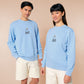Sweater with an embroidered blue design of a cute Neal the seal smuggly wearing an orange and white trafic cone with the quote meance to society