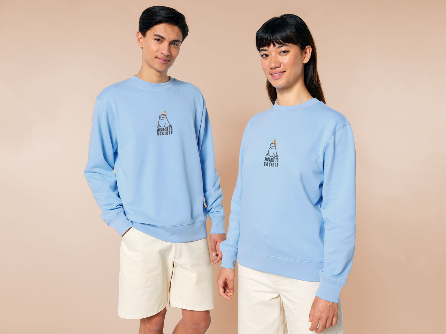 Sweater with an embroidered blue design of a cute Neal the seal smuggly wearing an orange and white trafic cone with the quote meance to society