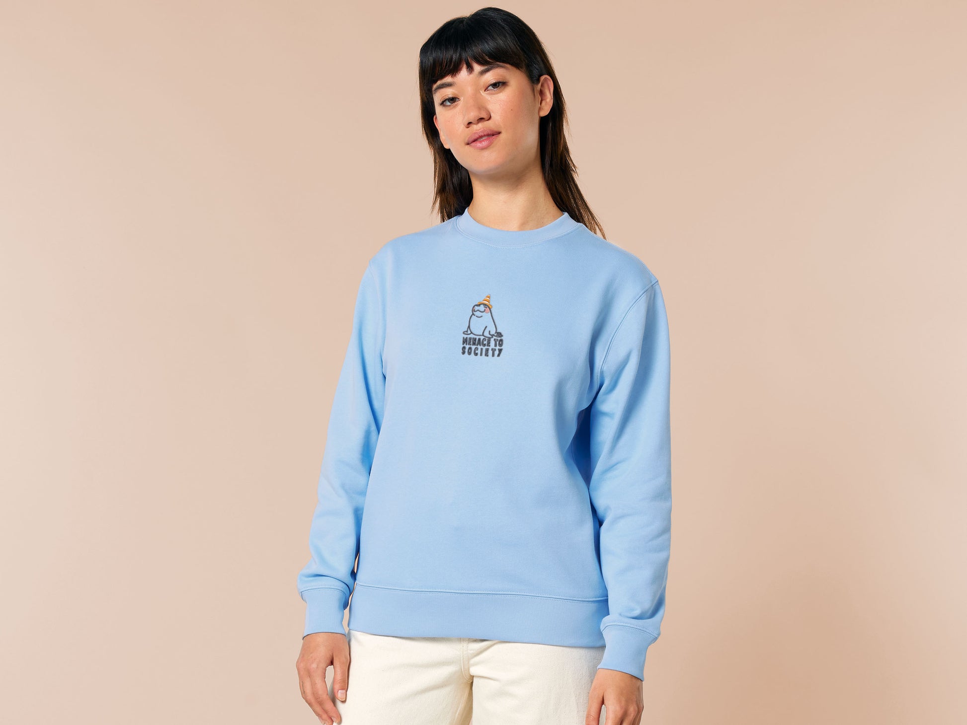 Sweater with an embroidered blue design of a cute Neal the seal smuggly wearing an orange and white trafic cone with the quote meance to society