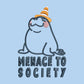 T-shirt with an embroidered blue design of a cute Neal the seal smuggly wearing an orange and white trafic cone with the quote meance to society