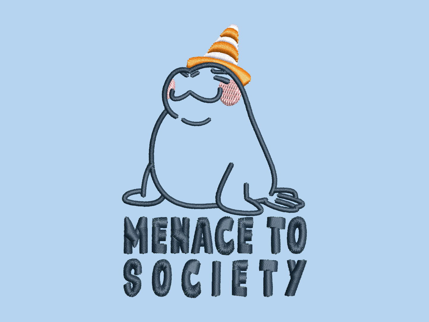 T-shirt with an embroidered blue design of a cute Neal the seal smuggly wearing an orange and white trafic cone with the quote meance to society