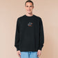 Embroidered black sweater with a cute chibi soy sauce fish bottle text suacy