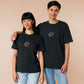 Embroidered black t-shirt with a cute chibi soy sauce fish bottle text suacy