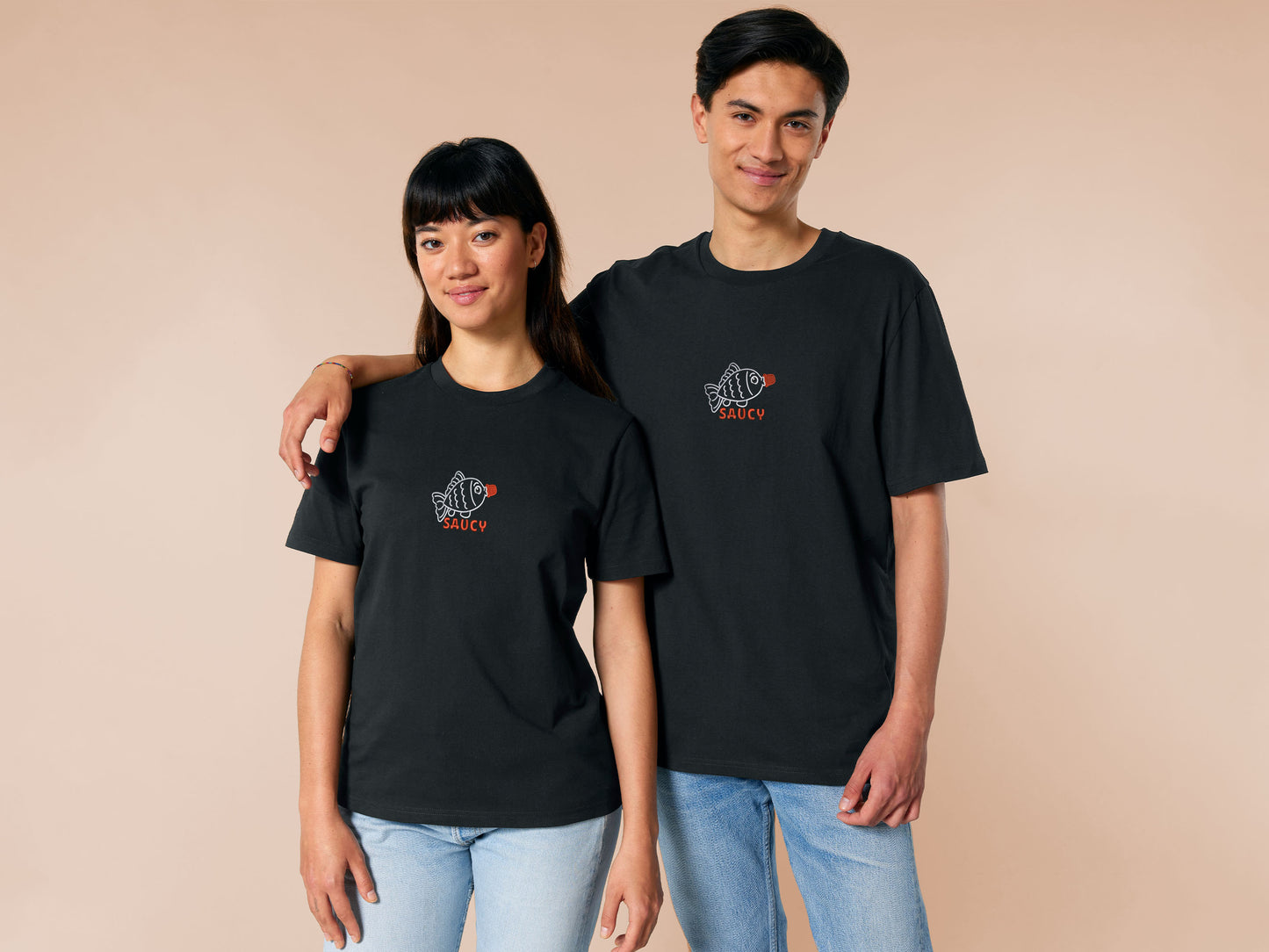 Embroidered black t-shirt with a cute chibi soy sauce fish bottle text suacy